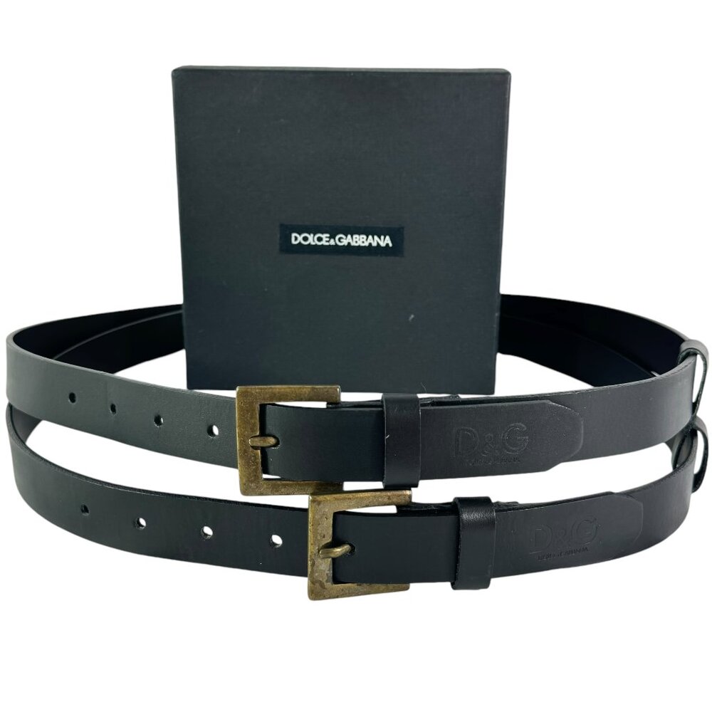 DOLCE & GABBANA Black Leather Logo Plaque Double Belt Women's Belt 36/90